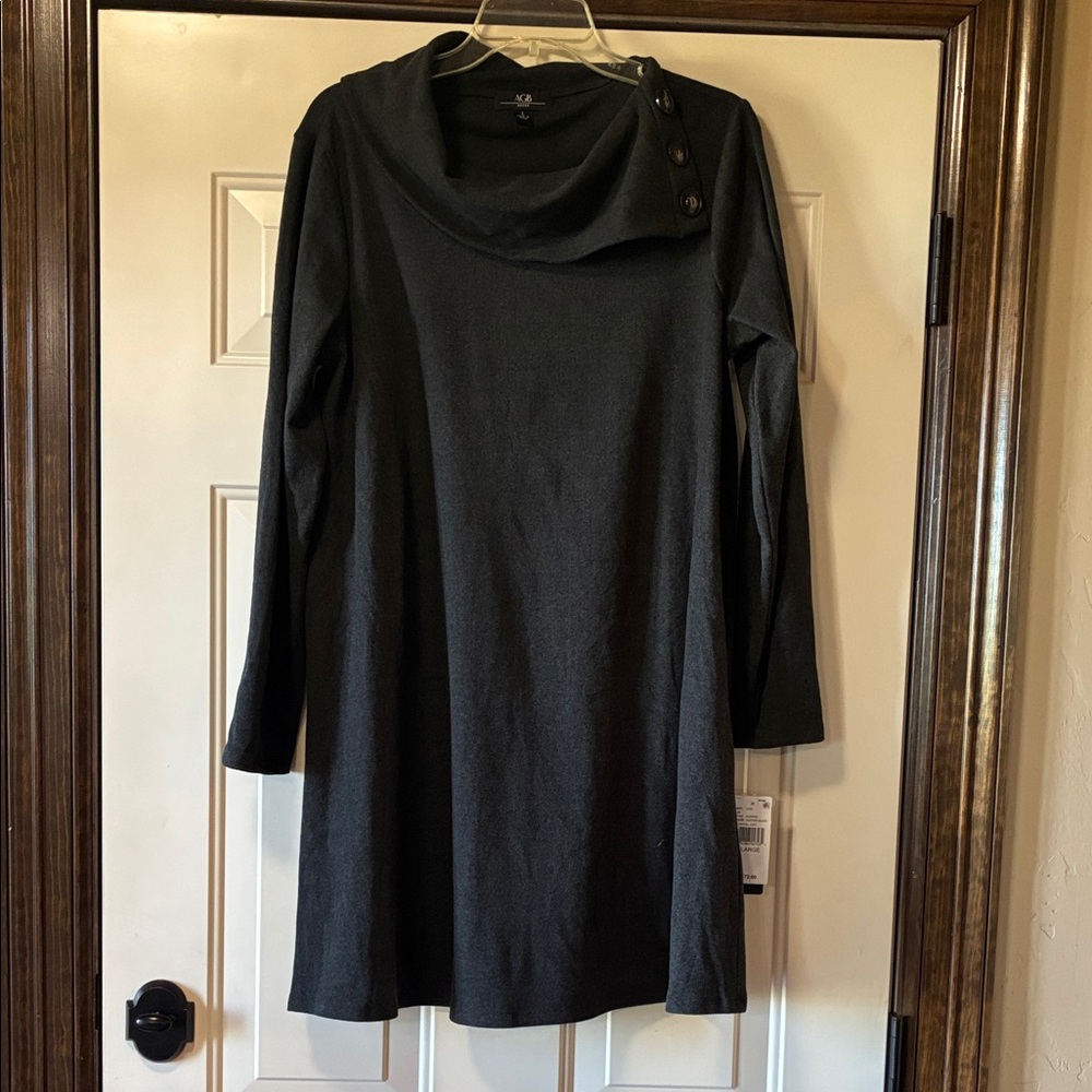 NWT Large AGB Charcoal Long Sleeves Essential Cozy Dress Button Cowl Neck (ABBA)